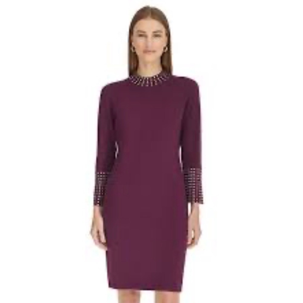 Harper Rose Burgundy Jewel Neck Bell Sleeve Studded Sweater Dress L‎